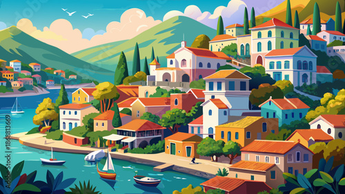 Very beautiful view of Assos village in Kefalonia, Greece, featuring colorful houses, calm turquoise waters, and lush green hills forming a peaceful Mediterranean coastal lifestyle scene.
