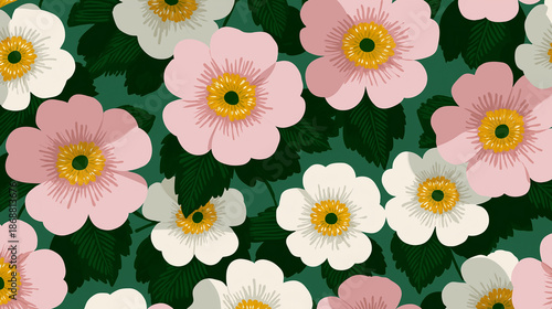 A vibrant pattern of pink and white flowers with yellow centers against a dark green background. The design is colorful and lively, suitable for various decorative uses.