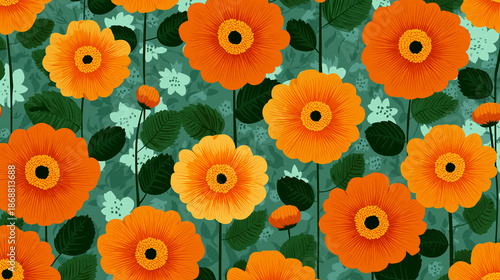 A vibrant pattern of orange flowers with green leaves on a teal background. The flowers are large and round, creating a lively and cheerful atmosphere.