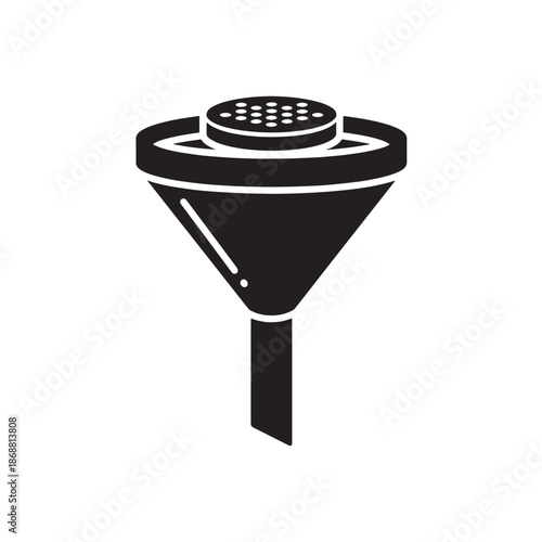 Black industrial filter funnel icon with strainer.