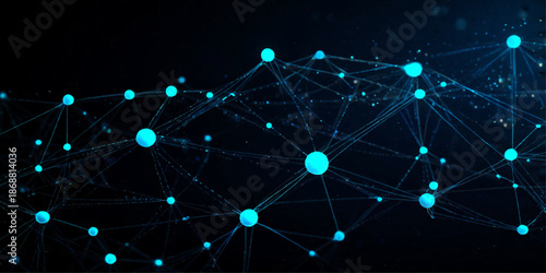 Abstract Technology Mesh Background with Glowing Blue Network Nodes and Interconnected Lines Depicting Blockchain Networks, Data Connectivity, and Futuristic Digital Communication on a Sleek Dark Grad