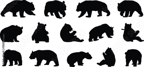 bear, silhouette, animal, vector, illustration, wildlife, nature, mammal, wild, black, shape, forest, beast, isolated, graphic, drawing, icon, symbol, collection, set, pose, standing, walking, sitting