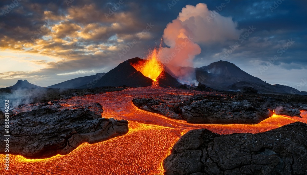 Naklejka premium Volcano Erupting Lava Flows Across Cracked Earth Dramatic Sky
