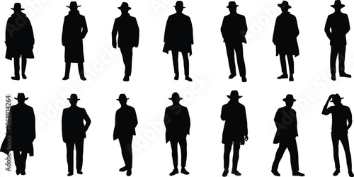 man, silhouette, coat, hat, vector, illustration, fashion, people, male, person, outerwear, clothing, style, gesture, standing, walking, autumn, winter, character, figure, black, shape, design, elemen