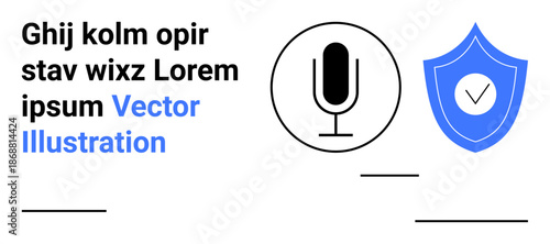 Audio security, data protection, voice recognition, authentication, technology safety, privacy tools. Black microphone icon and a shield with a checkmark. Audio security and data protection concept