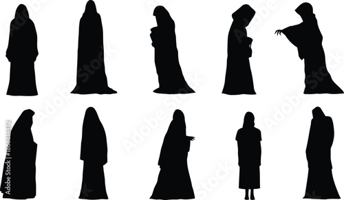 silhouette, figure, cloak, cape, hood, dark, scary, spooky, horror, halloween, grim reaper, death, mystery, creepy, isolated, transparent, vector, illustration, shape, graphic, design, template, perso
