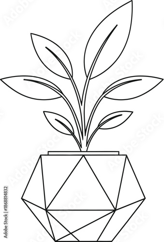 Minimalist line art drawing depicts a small, vibrant houseplant sprouting from a modern geometric polyhedral container suggesting contemporary interior design and natural growth elements.