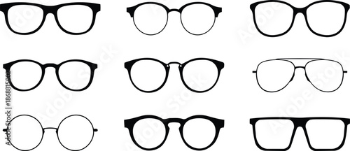 eyeglasses, silhouette, glasses, style, isolated, vector, clip art, fashion, accessory, sight, vision, drawing, illustration, design, graphic, icon, symbol, collection, set, different, positions, shap