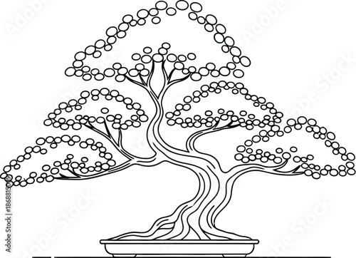 Minimalist black and white line art illustration depicts a gracefully styled, mature bonsai tree presented in a shallow ceramic container symbolizing patience and tradition in horticulture.