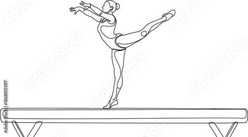 Minimalist continuous line art drawing illustrating a graceful female gymnast expertly balancing on the narrow beam during a demanding artistic performance with impeccable form.
