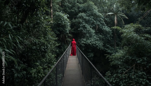 Person in Red Standing on a Bridge Surrounded by Trees in a Dense Forest Duri...