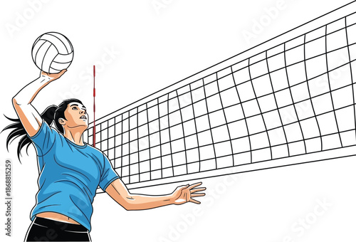 Athletic young woman preparing to spike a volleyball over the net during an intense moment of competition showcasing determination and focus in an isolated sports illustration style ready for action.