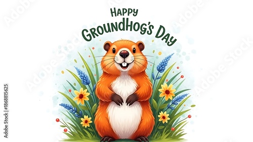 Groundhog's day celebration with a smiling groundhog in a floral setting