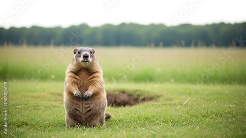 A groundhog standing upright in a grassy field with a forest background