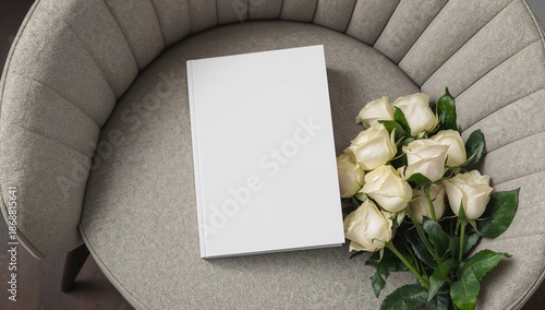 Bouquet of White Roses and Blank Book Placed on a Tan Chair Indoors During Da...