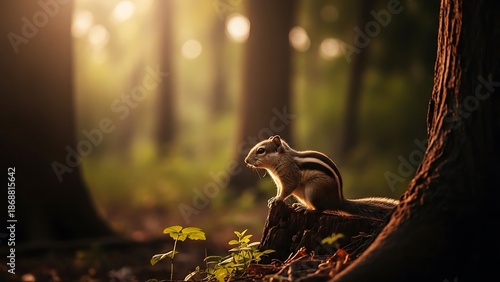 A chipmunk sitting on a branch in a forest with sunlight filtering through trees