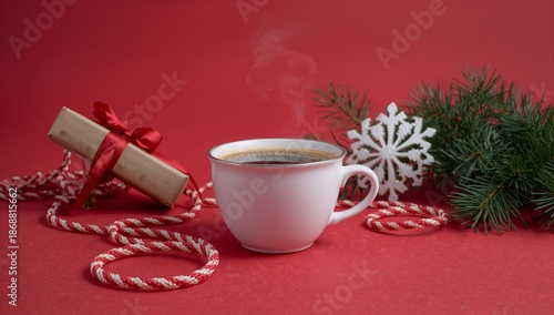 Warm Drink With Gift and Decorations on Red Background During Winter Season