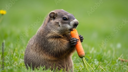 Groundhog eating a carrot in a lush green field