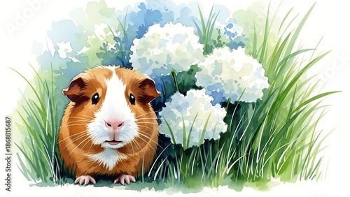 Guinea pig in a field of flowers and grass