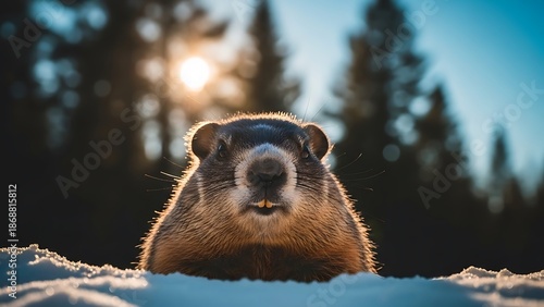 A groundhog peeking out from snowy terrain with trees and sun in the background
