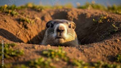 Groundhog peeking out of a burrow on a sunny day