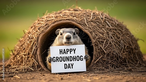 Groundhog in a cozy burrow on groundhog day with a festive sign