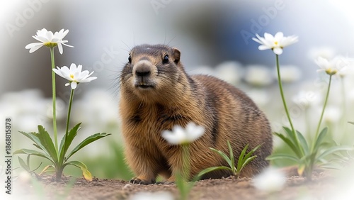 A groundhog sitting in a field of white flowers on a sunny day