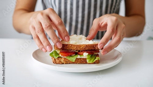 Making a Simple Sandwich With Apples and Cream on a Wooden Board