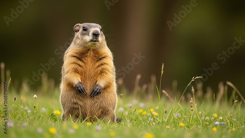 Alert groundhog standing upright in a field of wildflowers