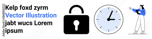 Lock for security, clock for time, and person pointing to manage tasks or processes. Ideal for security, time management, productivity, communication, guidance, education simple landing page