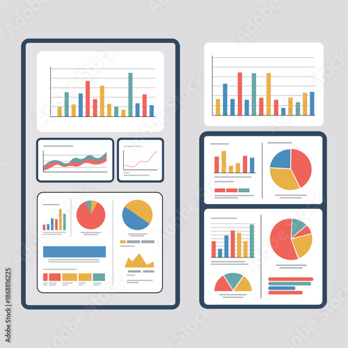 Business Analytics Dashboard Reports with Charts and Graphs Flat Vector Illustration