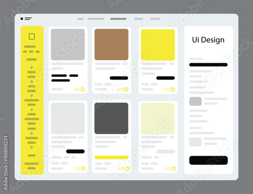 UI Design Dashboard with Card Layout and Sidebar Navigation Flat Vector