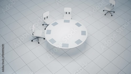 Modern round conference table with laptops in minimalist office.
Animation of a modern round meeting table surrounded by office chairs and laptops in minimalist workspace.
