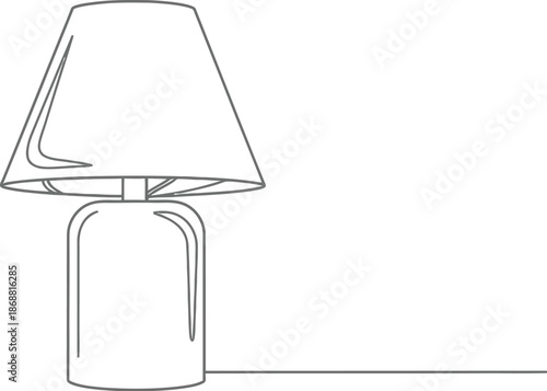 Minimalist continuous line art drawing depicts a simple table lamp featuring a classic shade and a rounded base suitable for modern interior design concepts and decorative lighting elements.