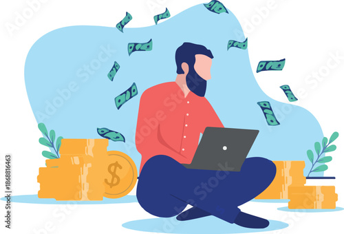 Man making money sitting on floor with computer laptop working online, casual clothes and beard. Flat design vector illustration with white background
