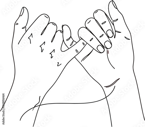 Minimalist line art illustration depicting two hands interlocking pinky fingers symbolizing a solemn promise friendship bond or unbreakable commitment in a simple graphic style