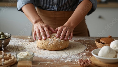 Baker Prepares Dough on a Wooden Table in Kitchen With Flour and Bread in Bac...