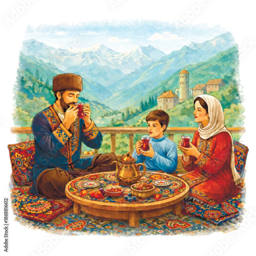 Azerbaijan family in national dress drinking tea from armudu glasses on a terrace. Traditional buta paisley patterns, mountain landscape and oriental atmosphere in a vector watercolor style.