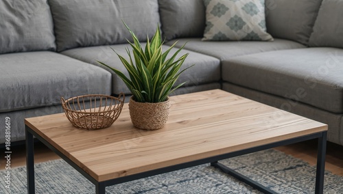 Decorative Plants and a Basket on a Wooden Coffee Table in a Living Room