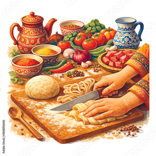 Vector illustration of hands cutting handmade noodles on a wooden board. Traditional oriental kitchen with dough, spices, fresh vegetables, meat, and decorative ceramic tableware background.