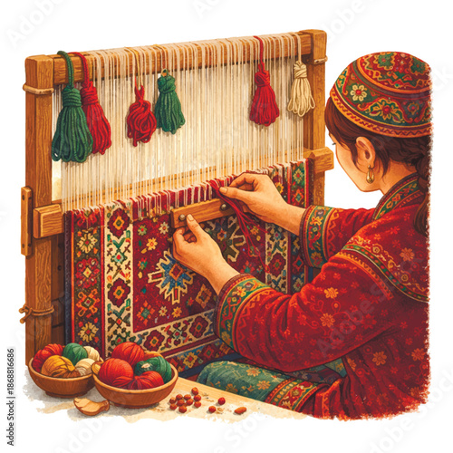 Vector illustration of a Central Asian woman weaving a traditional carpet on a loom. Detailed ethnic ornaments, colorful wool yarn, and authentic national dress in a watercolor style.