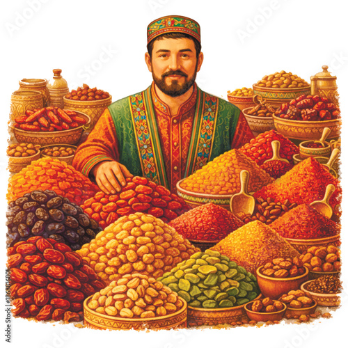 Vector illustration of a smiling oriental merchant in a traditional skullcap surrounded by colorful heaps of spices, dried fruits and nuts at a vibrant market bazaar in a watercolor style.