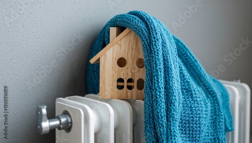 Wooden House Model Wrapped in a Blue Scarf on a White Radiator in a Cozy Indo...