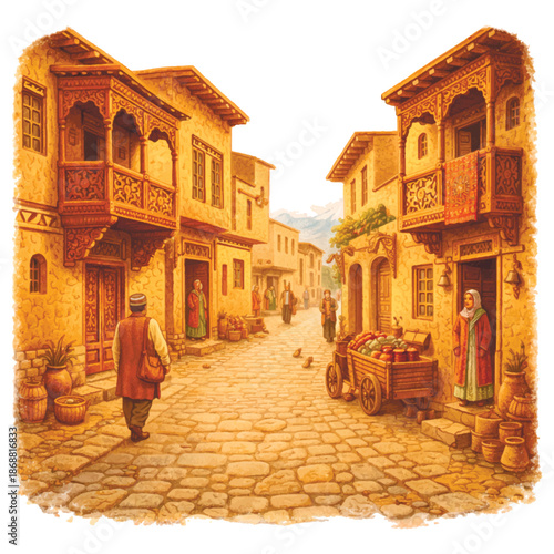 Vector illustration of a narrow ancient oriental street with traditional stone houses, carved wooden balconies, and people in ethnic dress walking on a cobblestone road in watercolor style.