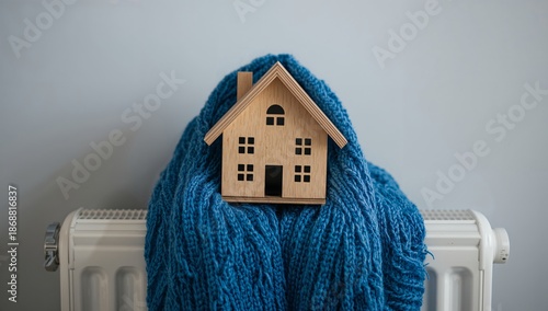 Wooden House Model Wrapped in Blue Scarf on White Radiator in Indoor Setting