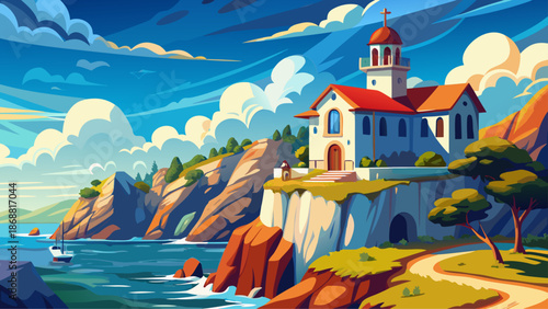 Very beautiful remote church with a red roof perched on a dramatic cliff in Greece, surrounded by vast sky and sea, symbolizing solitude, spirituality, and timeless Mediterranean scenery.