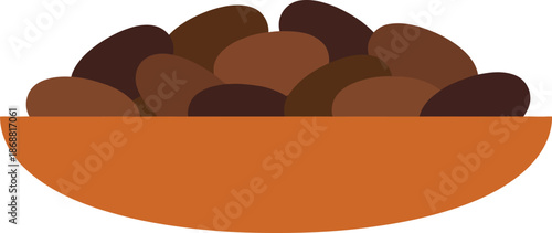 Brown bowl filled with sweet dried dates fruit for traditional healthy snack breaking fast during holy month of ramadan iftar organic palm dessert natural vegetarian food diet nutrition.