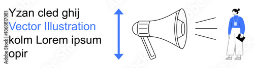 Marketing strategies, communication tools, team collaboration, public relations, business promotion, advertising. A woman with a clipboard next to a megaphone icon. Communication and marketing