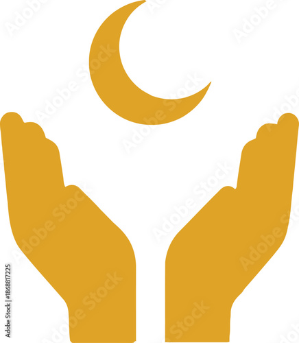Gold islamic prayer hands with crescent moon symbol for ramadan kareem or eid mubarak celebration representing muslim faith and spiritual worship during holy month of fasting and night.