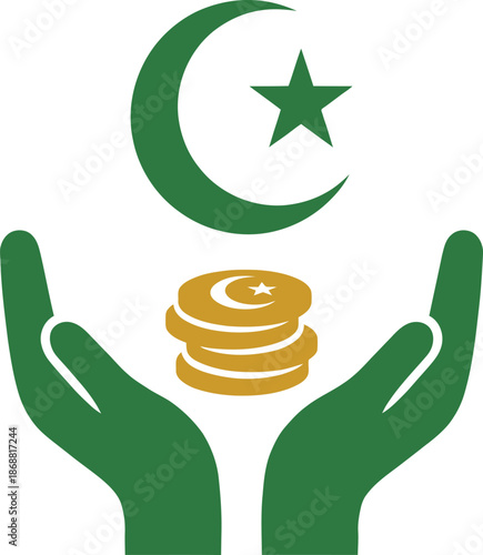 Islamic zakat concept with green hands holding gold coins and crescent moon star for ramadan kareem donation or halal banking finance investment showing muslim charity and religious economy.